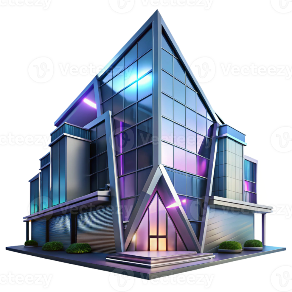 stunning artistic Deconstructivist office building with sharp angles, metallic surfaces, reflecting a neon cityscape at night, cyberpunk style original png