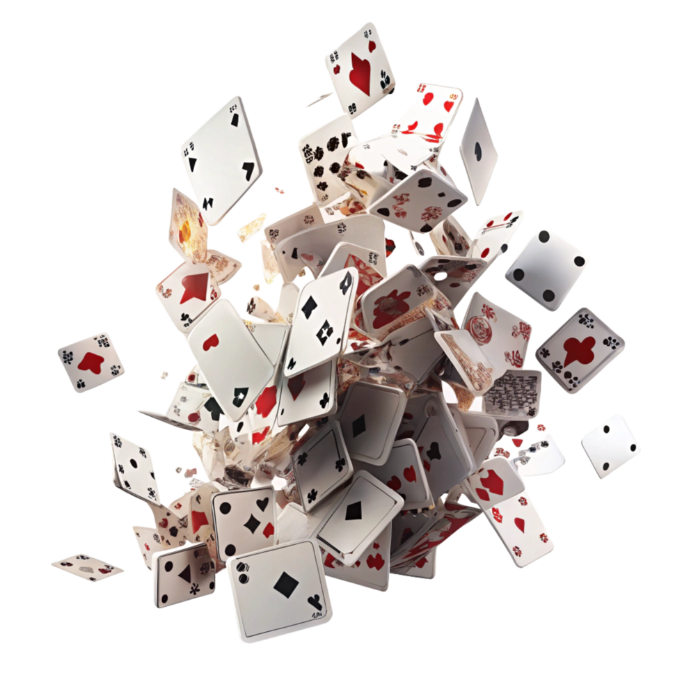 A Spectacular 3D Render of Exploding Playing Cards and Dice in a Dynamic Composition png