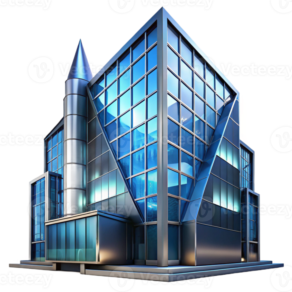 dramatic traditional Deconstructivist office building with sharp angles, metallic surfaces, reflecting a neon cityscape at night, cyberpunk style authentic png
