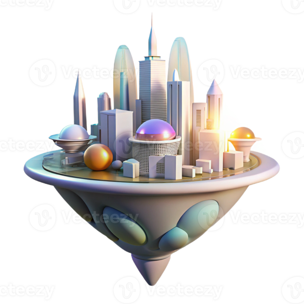 serene abstract A futuristic floating city, sleek white architecture, holographic projections, bright midday sun, digital art style premium png