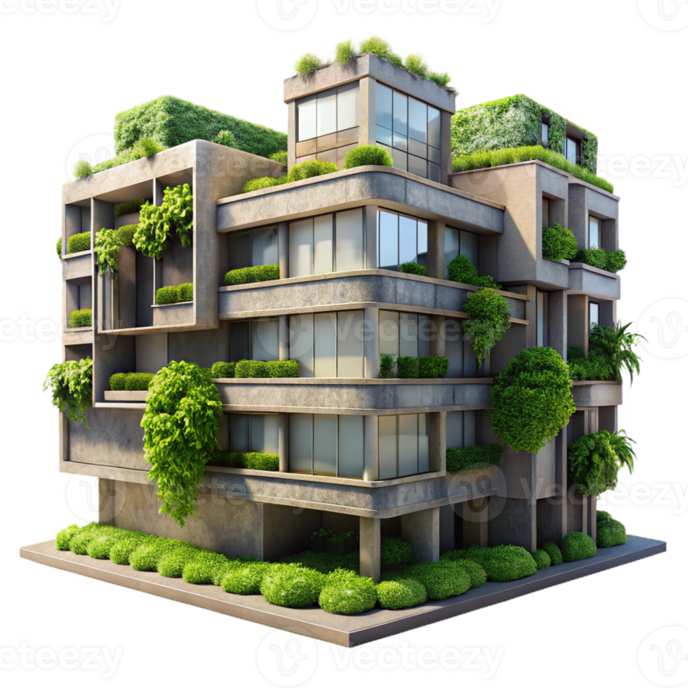 elegant traditional A Brutalist concrete apartment complex, overgrown with lush vegetation, soft diffused daylight, cinematic rendering professional png