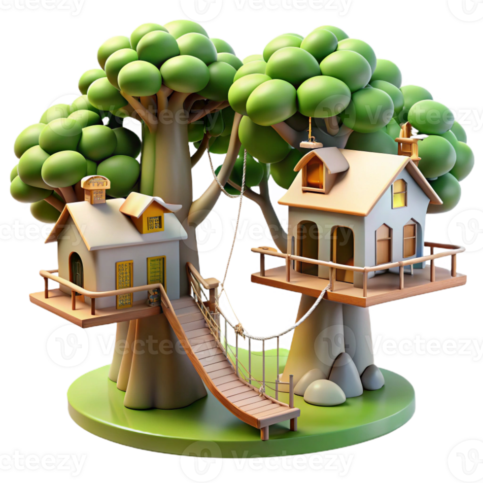 beautiful rustic A treehouse village interconnected by rope bridges, dappled sunlight through the leaves, whimsical and charming high resolution png