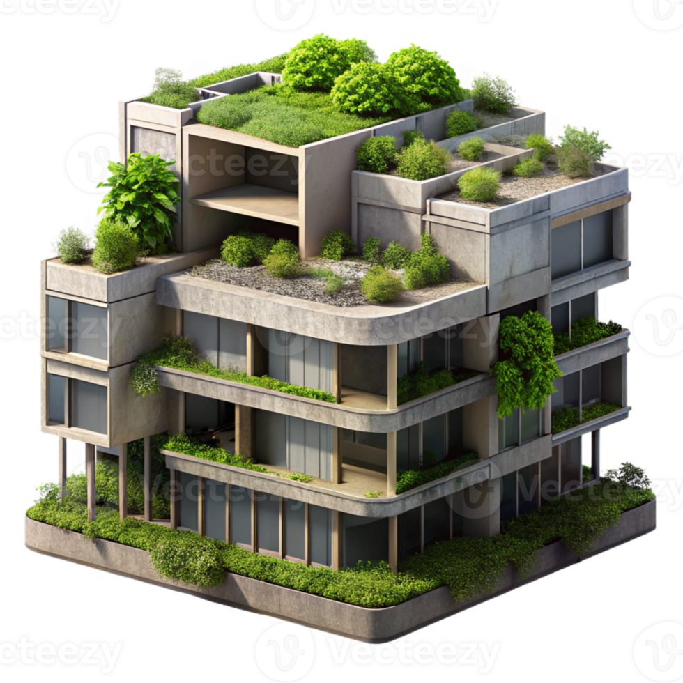 vibrant abstract A Brutalist concrete apartment complex, overgrown with lush vegetation, soft diffused daylight, cinematic rendering genuine png