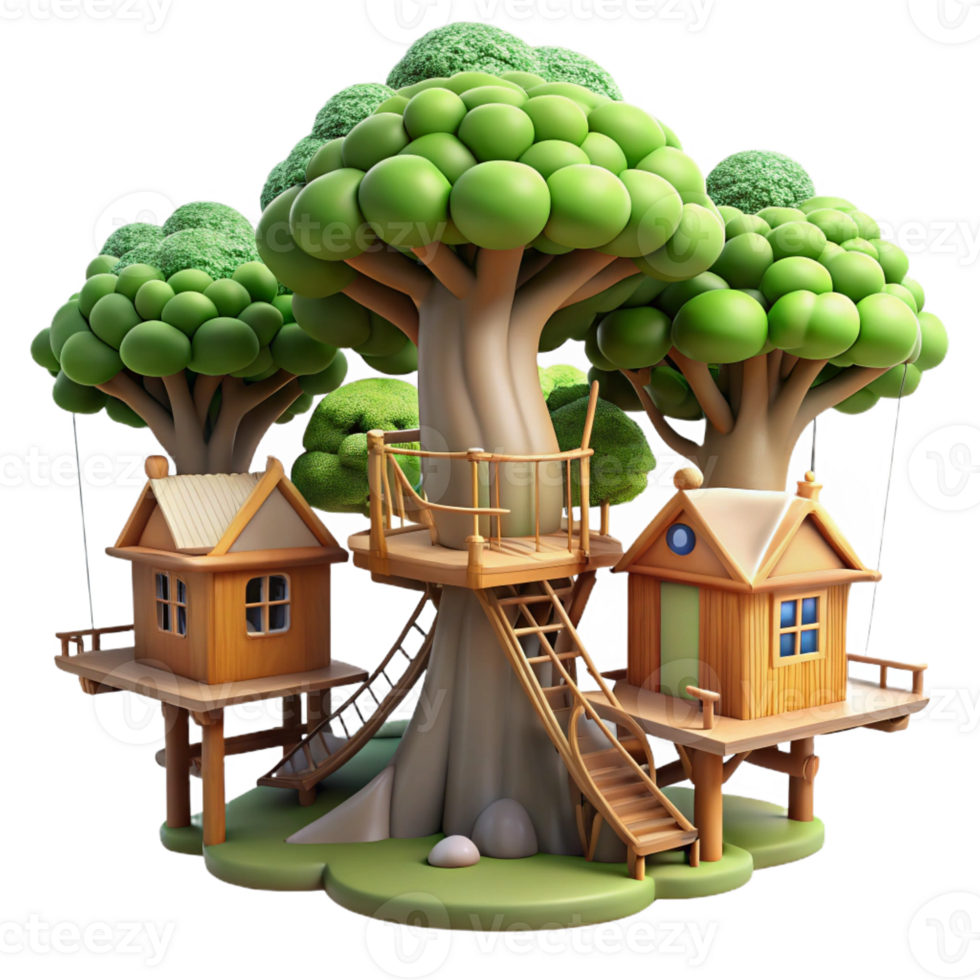 extraordinary abstract A treehouse village interconnected by rope bridges, dappled sunlight through the leaves, whimsical and charming premium png