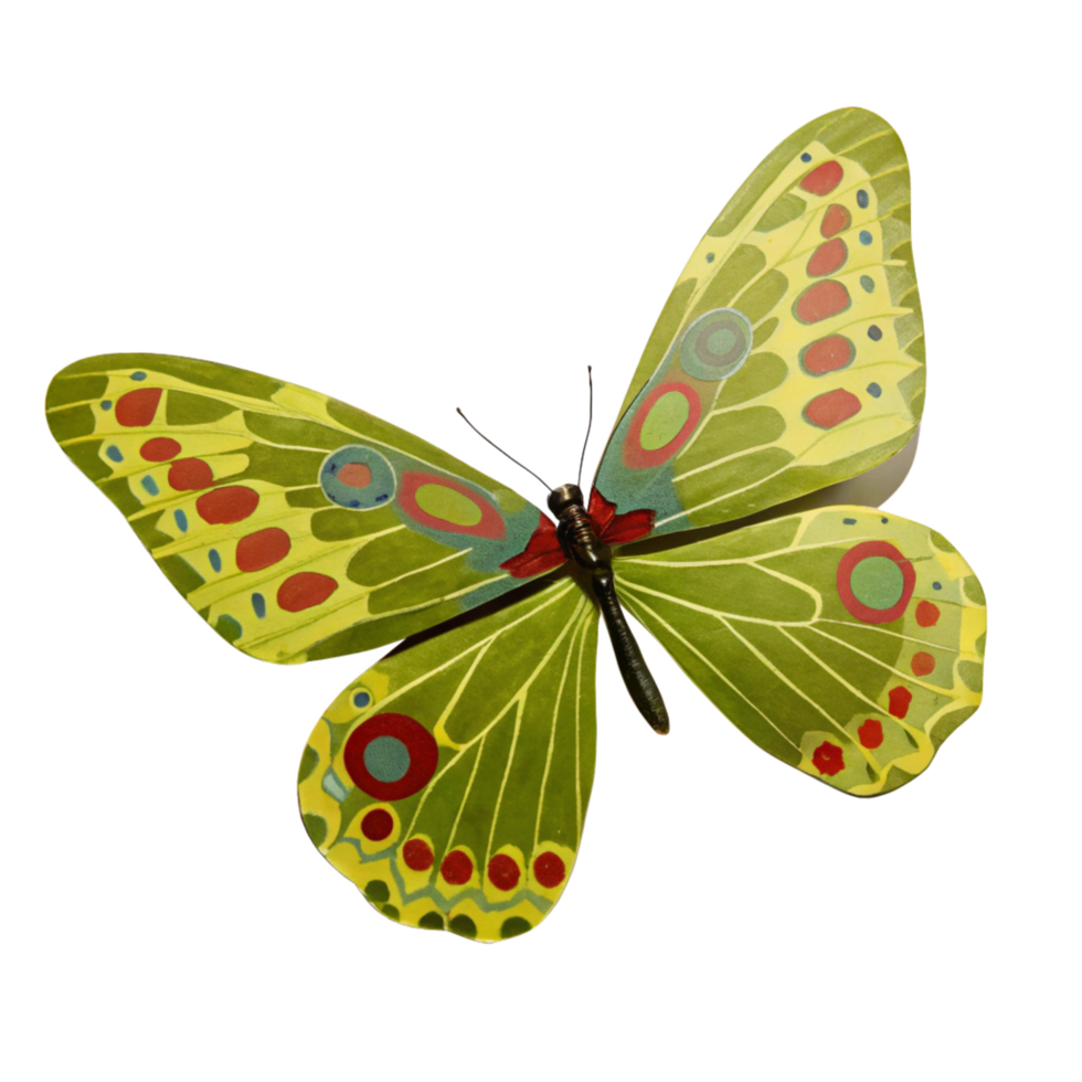 A vibrant green butterfly with red and blue circular patterns on its wings png