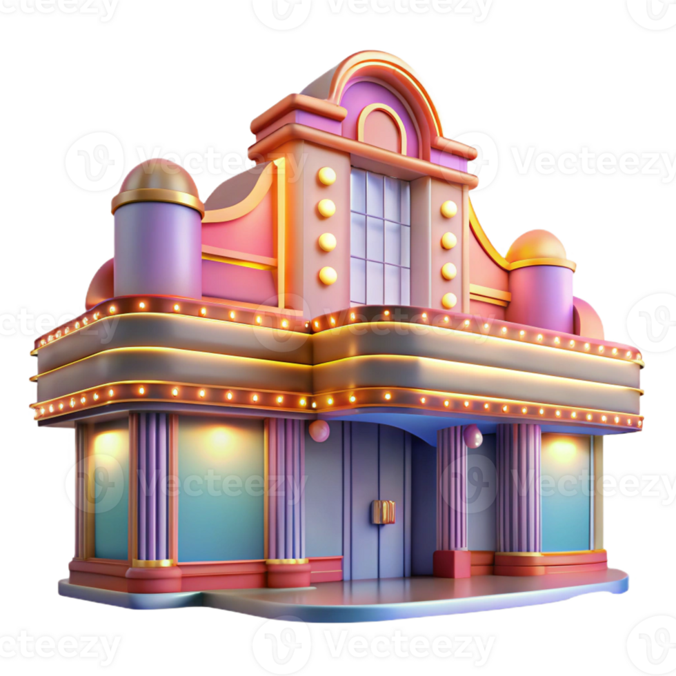 stunning modern An Art Deco cinema with a grand marquee, vibrant neon lights, vintage glamour professional png