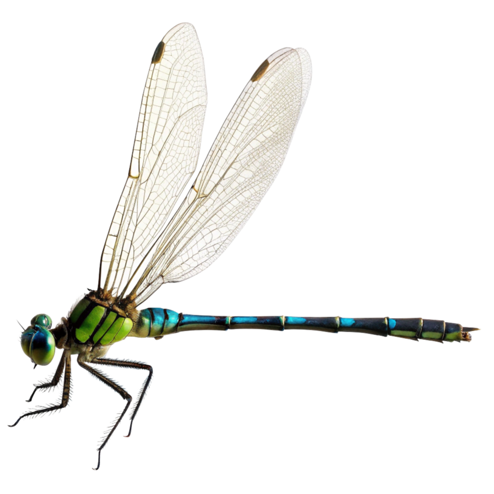 Detailed Closeup of a Vibrant Green and Blue Dragonfly with Translucent Wings png
