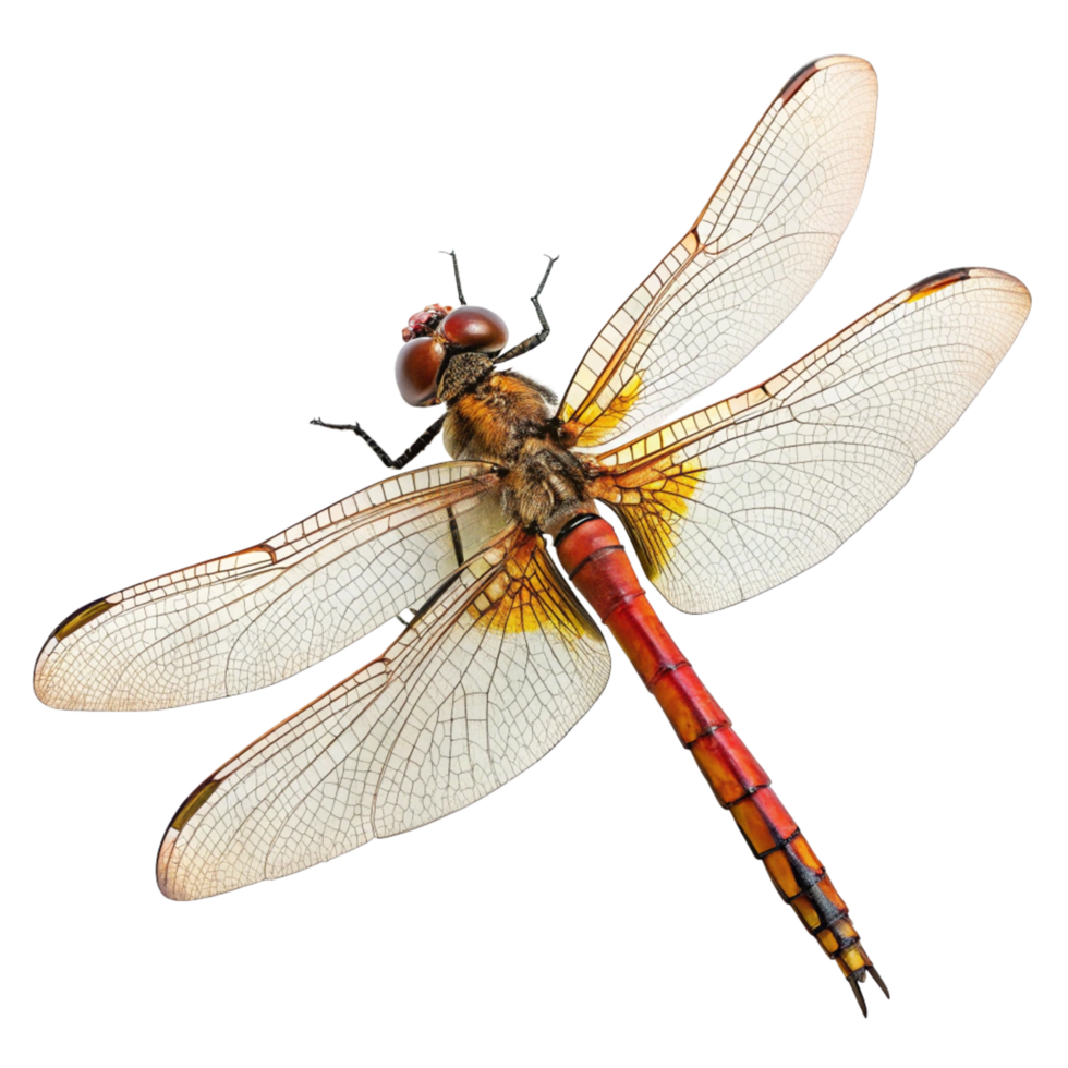 A Detailed Close Up View of a Dragonfly with Translucent Wings and ReddishOrange Body png