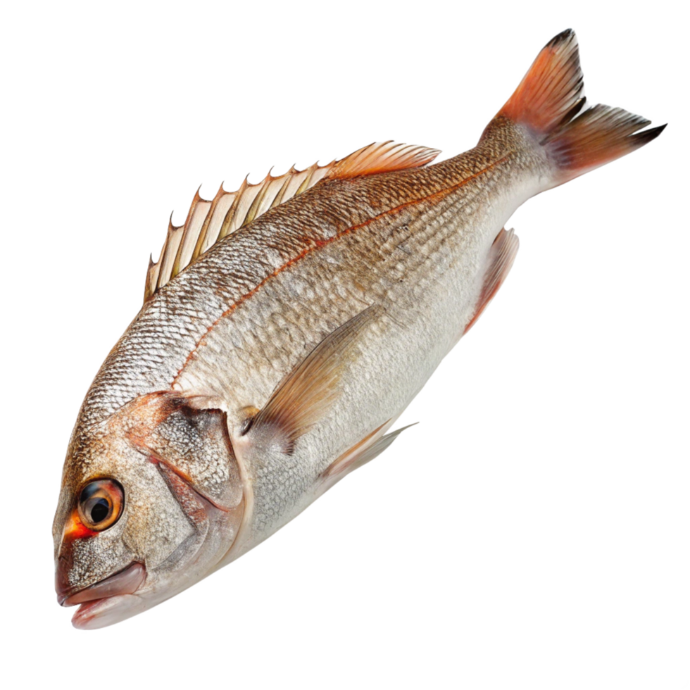 Closeup view of a fresh whole fish with reddishorange tail and fins against a black background png