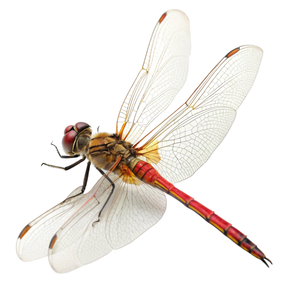 Closeup of a vibrant red and orange dragonfly with translucent wings against a black background png