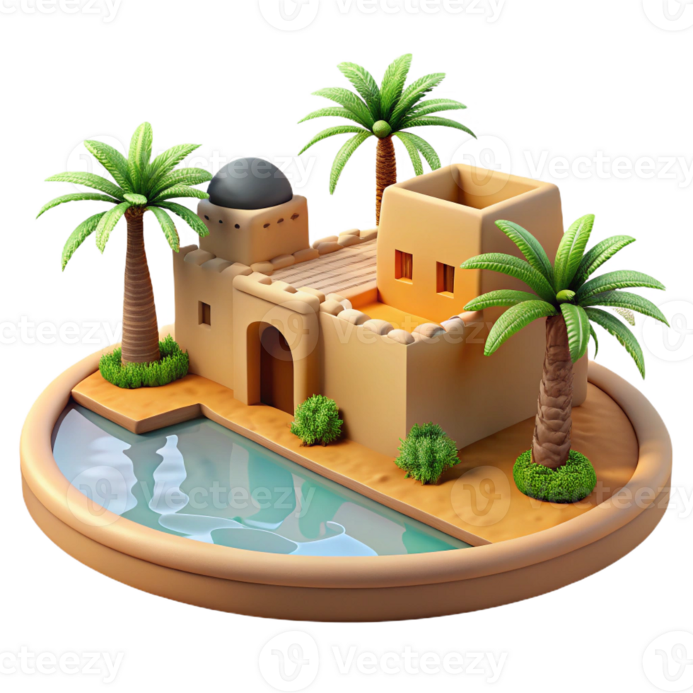 magnificent artistic A desert oasis with traditional mud-brick architecture, palm trees, bright midday sun professional png
