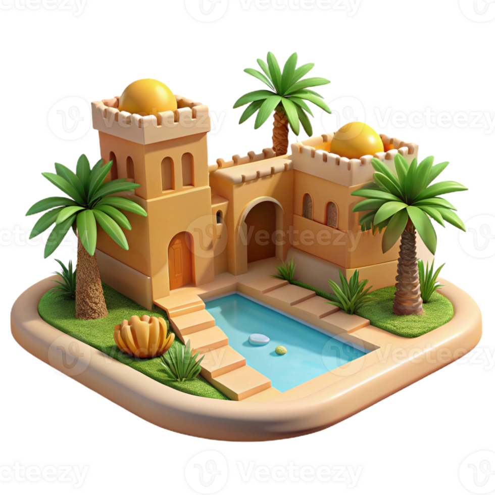 dramatic abstract A desert oasis with traditional mud-brick architecture, palm trees, bright midday sun 4K png