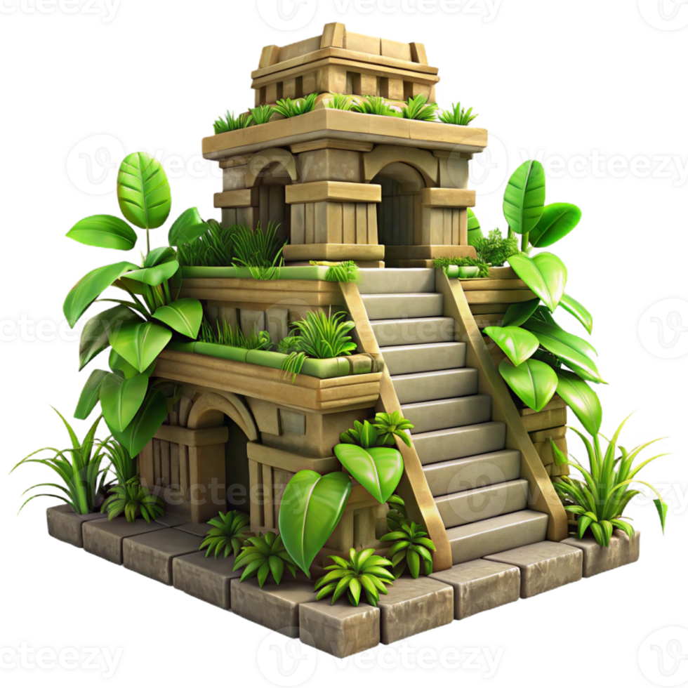 impressive modern An ancient Mayan temple overgrown with jungle vines, dappled sunlight, mysterious and atmospheric detailed png