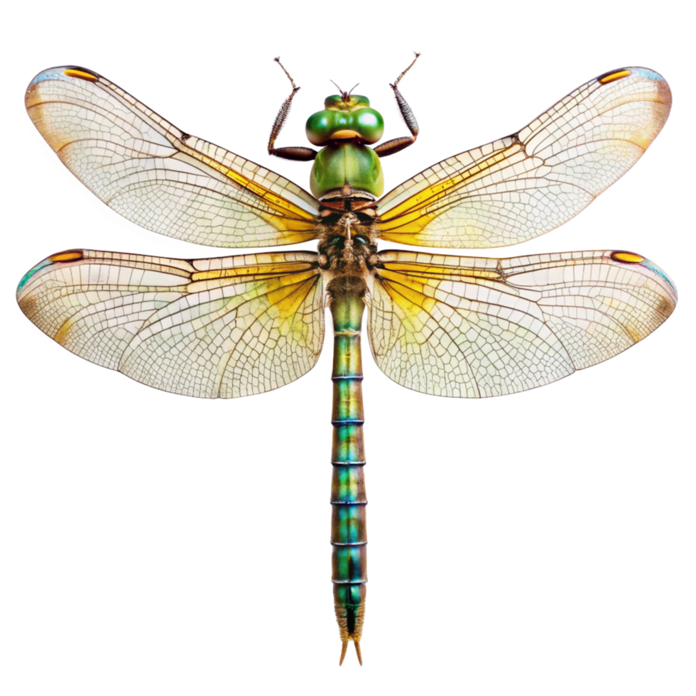 A Stunning Closeup of a Vibrant Green and Yellow Dragonfly with Intricate Wing Veins png