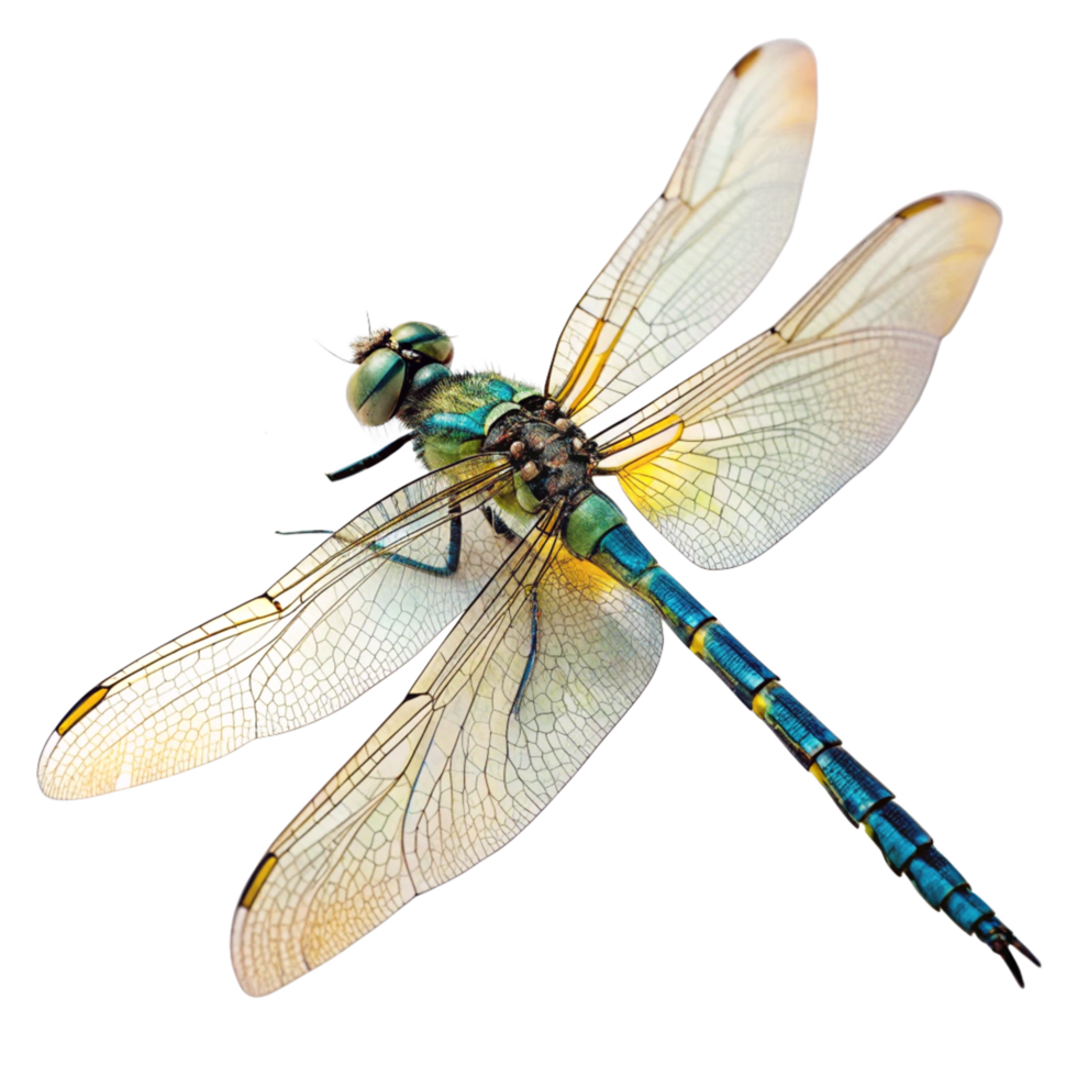 Closeup of a vibrant green and blue dragonfly with translucent wings against a black background png