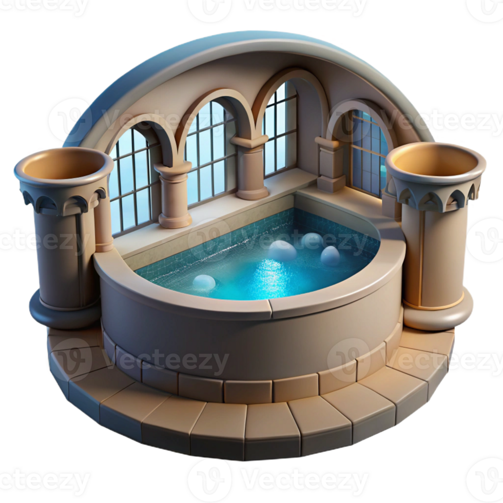 beautiful abstract A Roman bathhouse with intricate mosaics, steamy atmosphere, natural light filtering through arched windows premium png