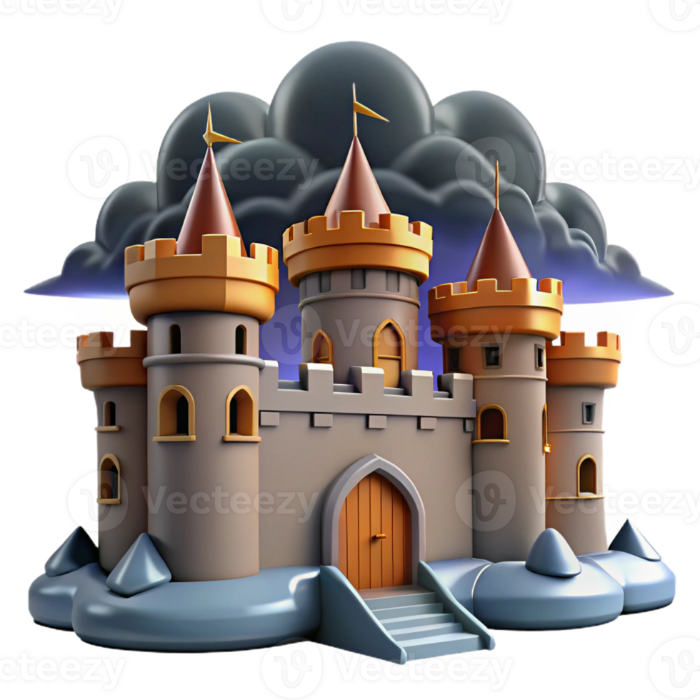 dramatic contemporary A medieval castle with fortified walls, a drawbridge, dramatic stormy sky high resolution png