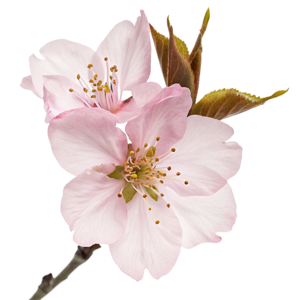 Closeup of Two Delicate Pink Cherry Blossoms on a Branch png