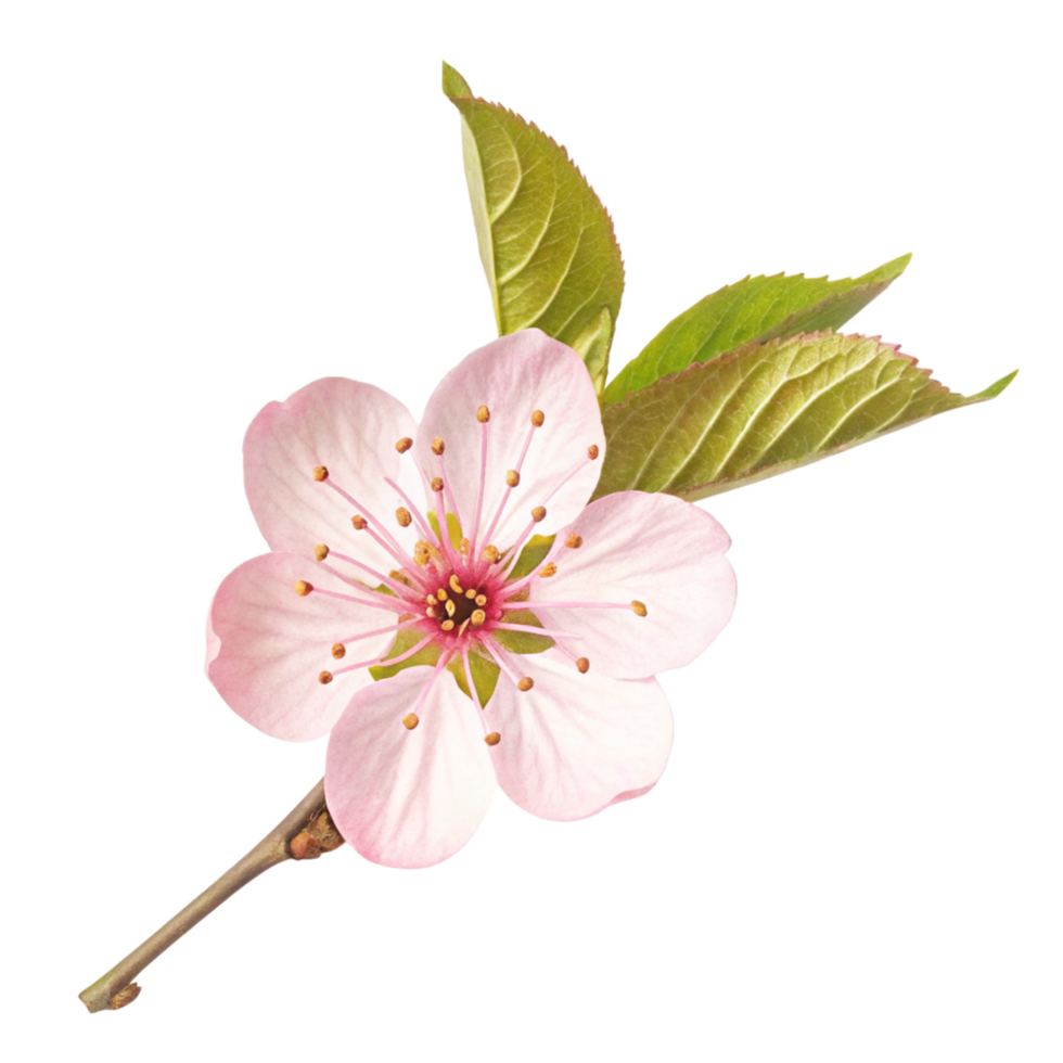 Closeup of a Delicate Pink Blossom with Green Leaves on a Branch png