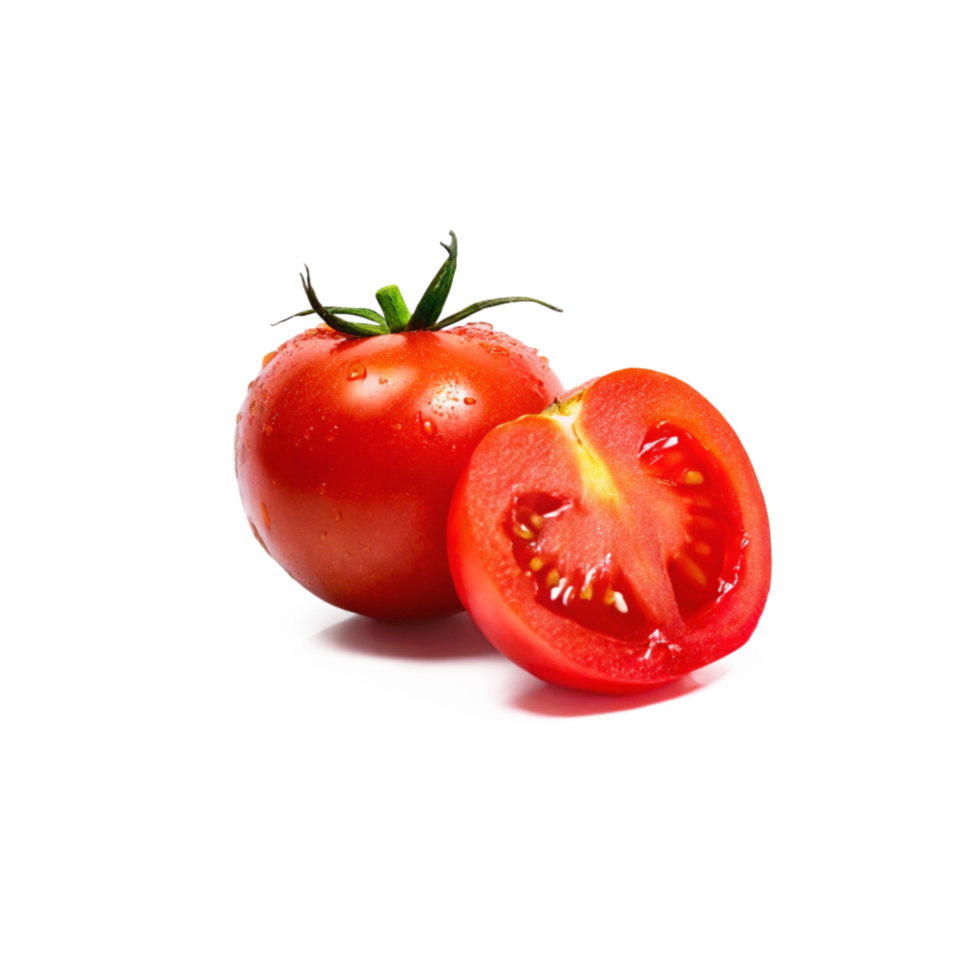 Closeup of a Juicy Red Tomato and a Sliced Half Showing Seeds and Pulp png