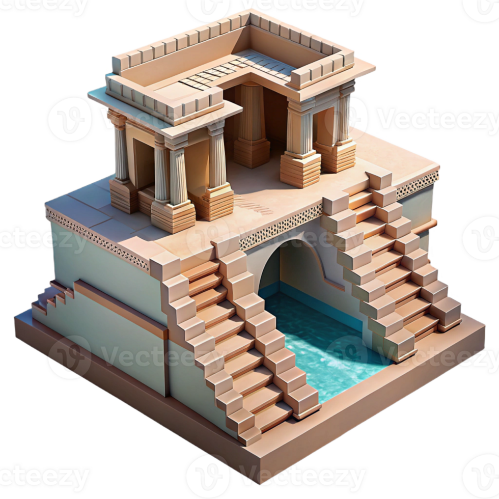 serene contemporary An Indian stepwell with intricate geometric patterns, cool shadows, midday sun high resolution png