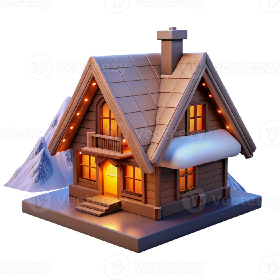 beautiful artistic A Swiss chalet with a sloped roof, wooden beams, snowy mountain backdrop, warm firelight inside high resolution png