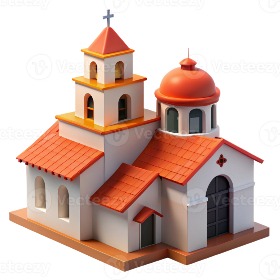 beautiful modern A Spanish colonial mission with white stucco walls, a red tile roof, a bell tower, bright midday sun original png