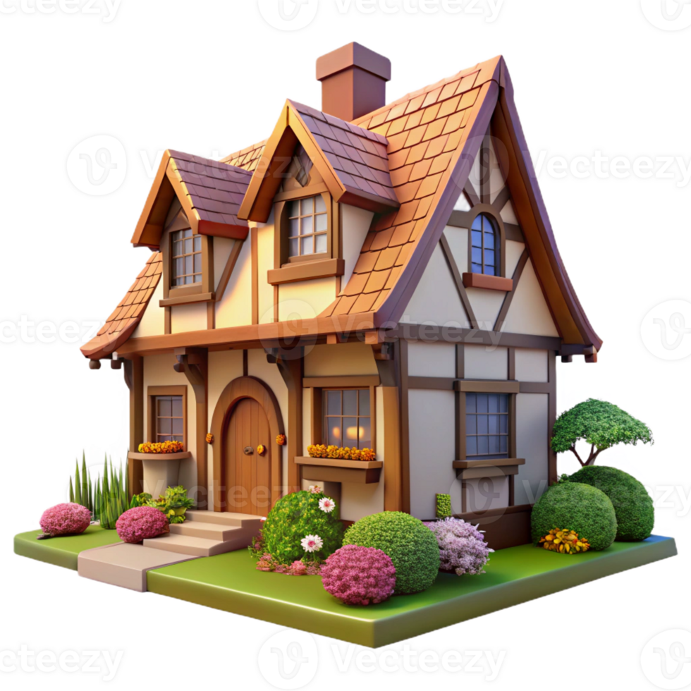 wonderful rustic A Tudor style cottage with half-timbered walls, a thatched roof, a colorful garden, soft afternoon light 4K png