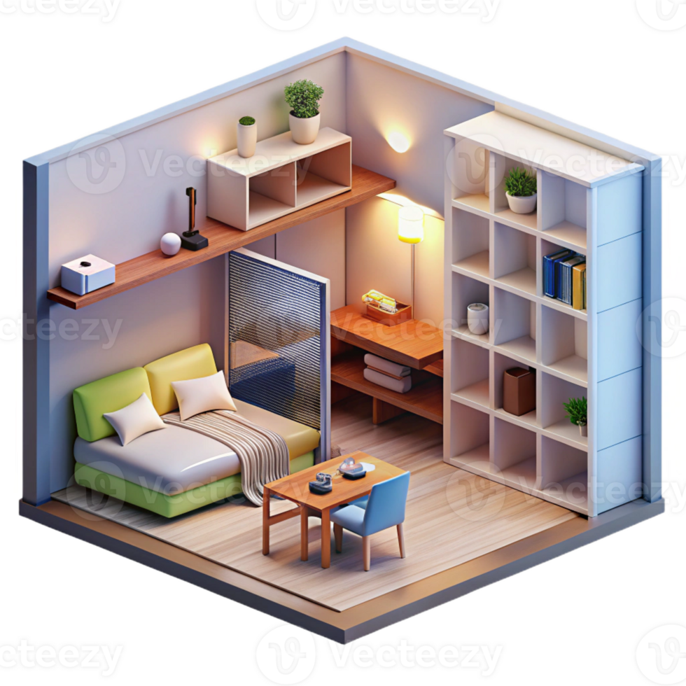 wonderful contemporary A micro-apartment with space-saving design, minimalist and functional detailed png
