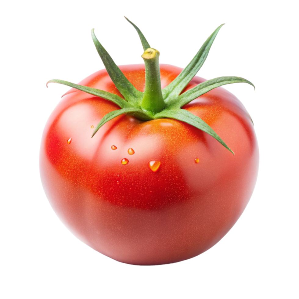 Single ripe red tomato with water droplets isolated on black background png