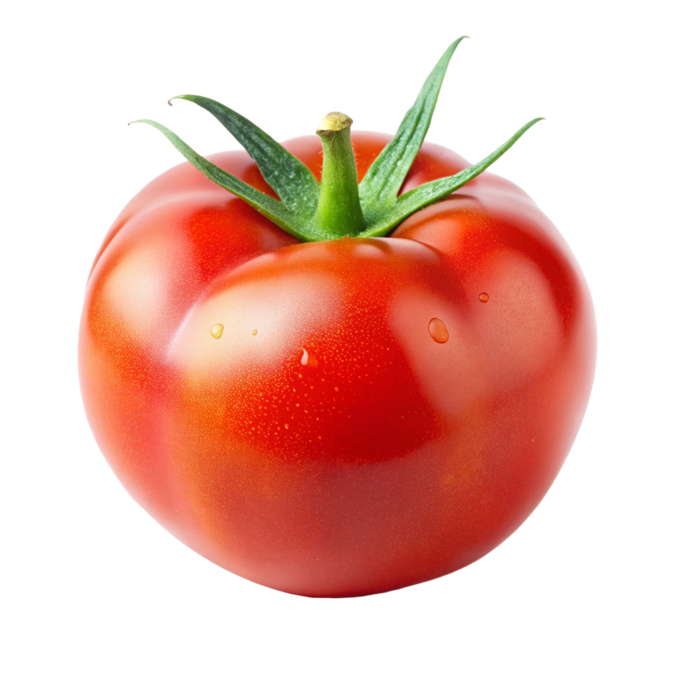 A single, ripe red tomato with green stem and water droplets png