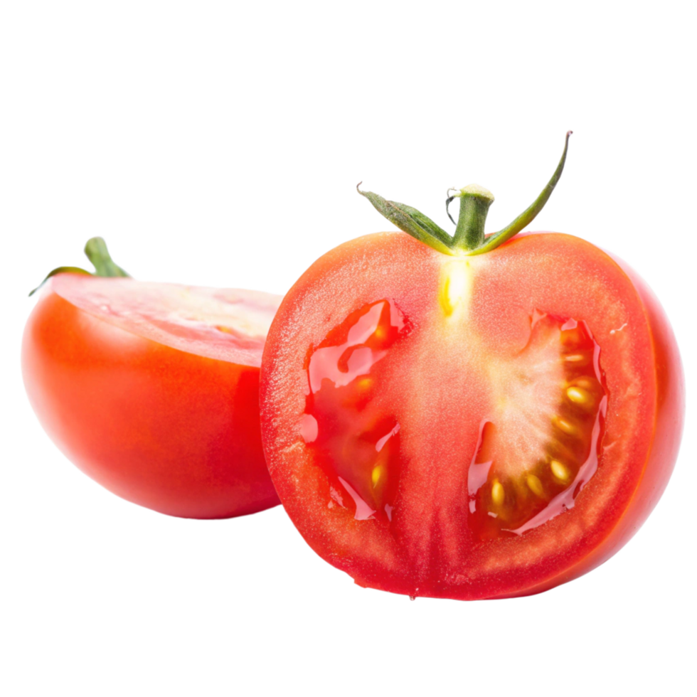 Closeup of a Juicy Red Tomato Sliced in Half Showing Seeds and Pulp png
