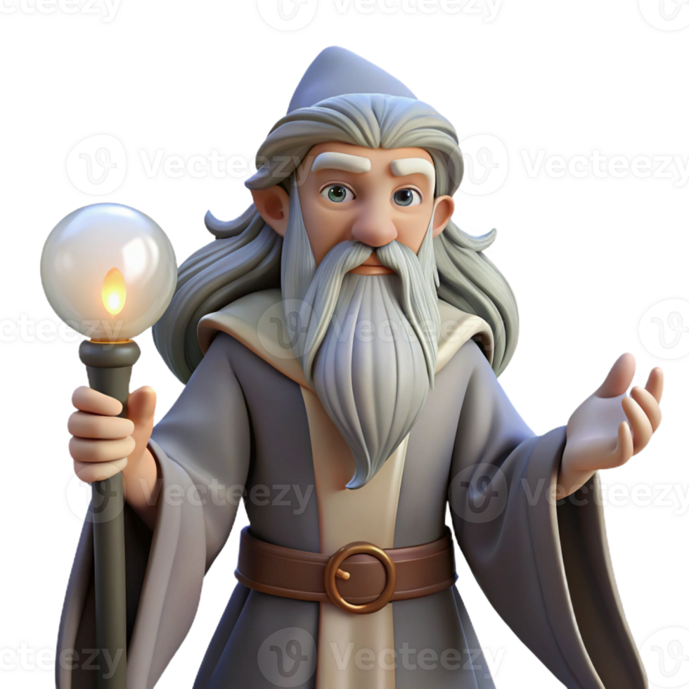 magnificent contemporary A wise old wizard with a long, flowing beard holding a glowing orb, dimly lit chamber, realistic fantasy style authentic png