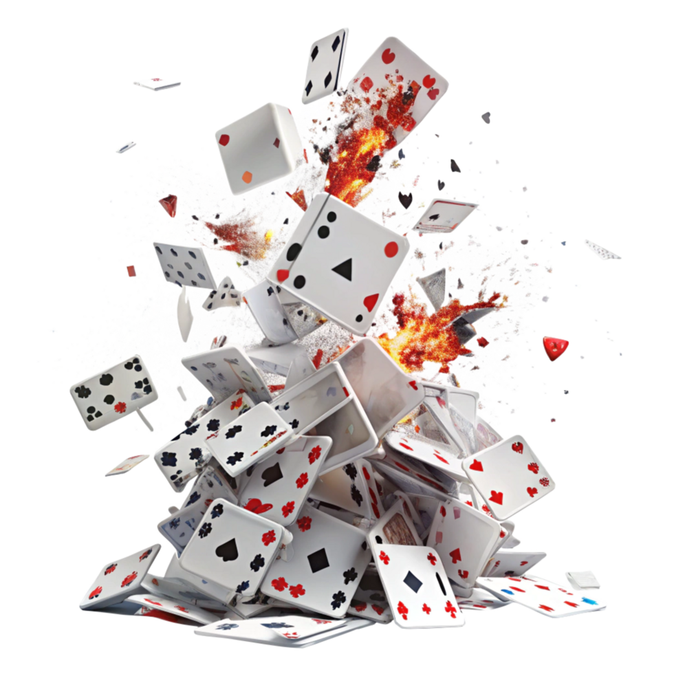 Exploding Pile of Playing Cards and Dice in a Fiery Blaze A Dramatic 3D Render png