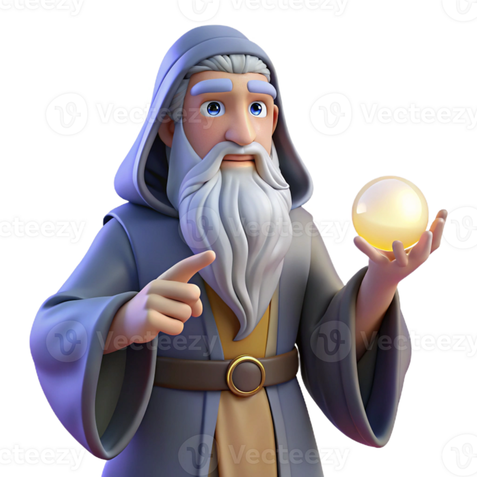 elegant modern A wise old wizard with a long, flowing beard holding a glowing orb, dimly lit chamber, realistic fantasy style high resolution png