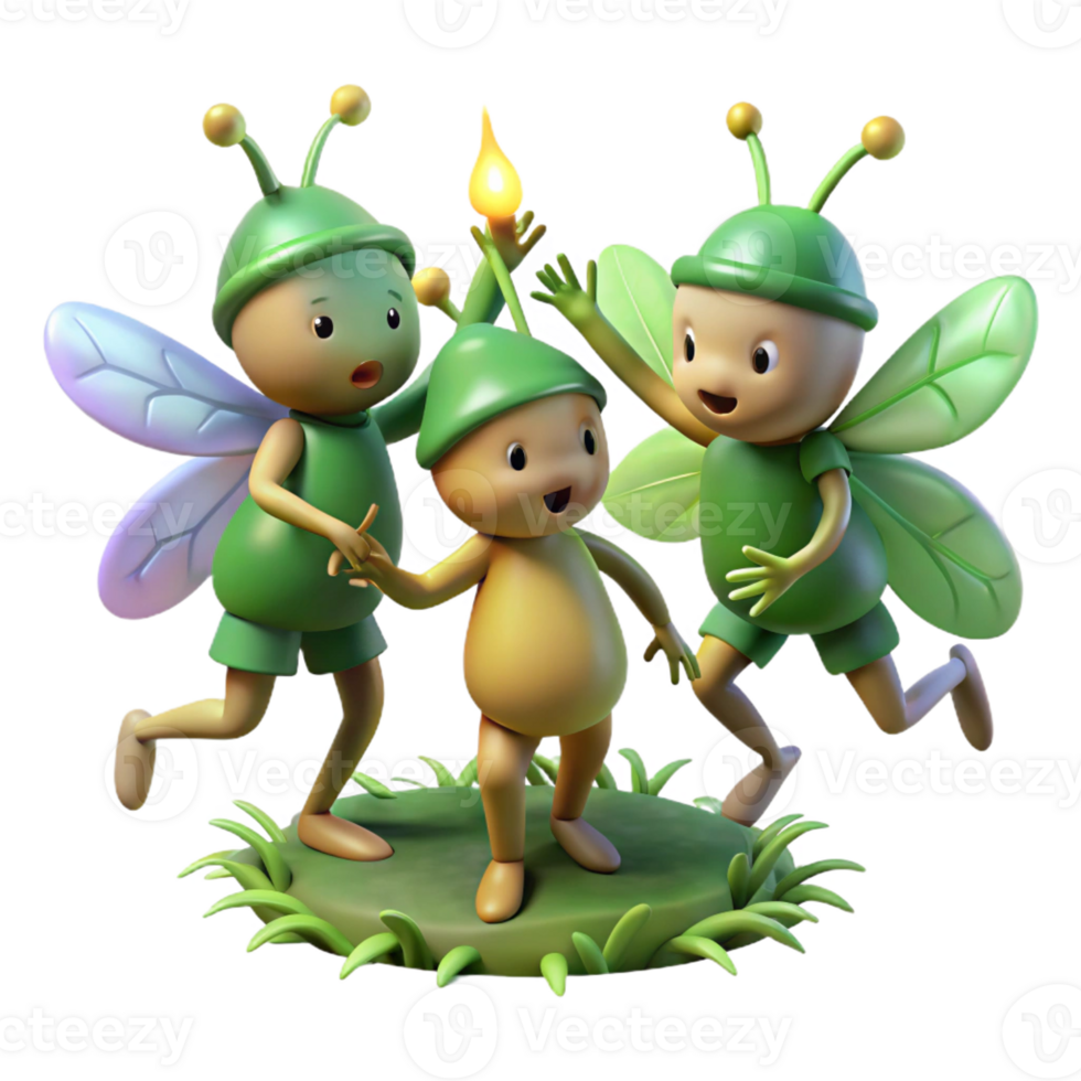 extraordinary modern A group of playful forest sprites dancing around a mystical firefly, twilight ambience, dreamlike art style premium png