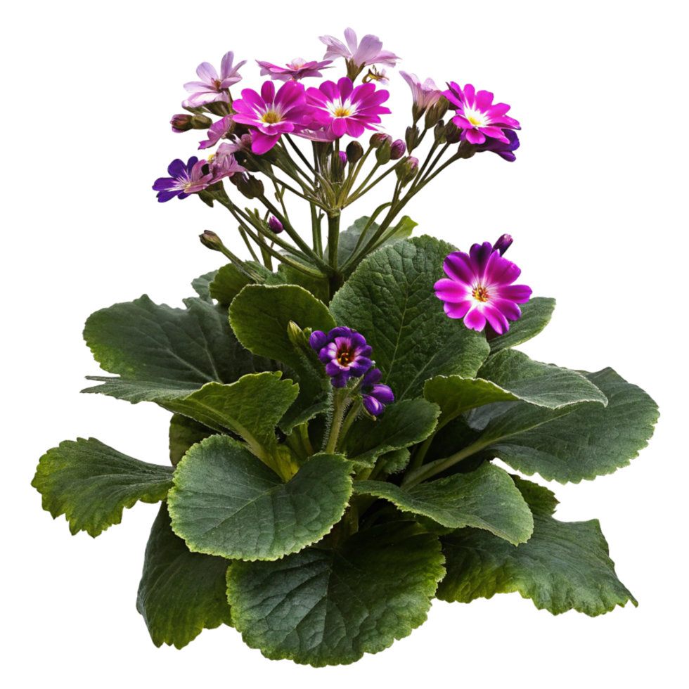 Vibrant pink and purple primrose flowers in full bloom with lush green leaves against a black background png