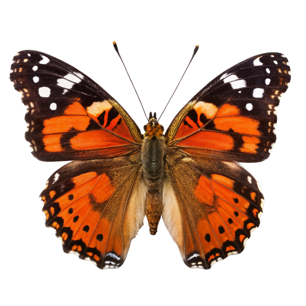 Closeup of a Painted Lady Butterfly with Vibrant Orange Black and White Wings on a Black Background png