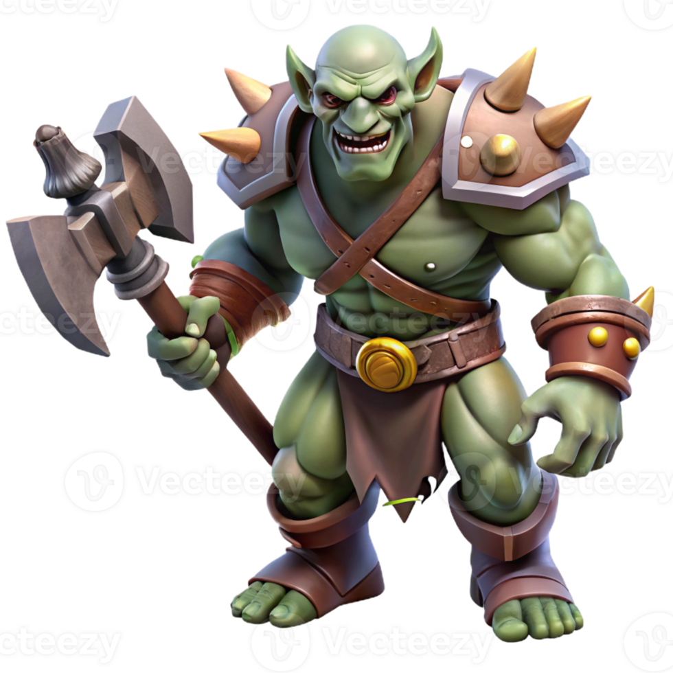 beautiful contemporary A fierce orc warrior wielding a massive battle-axe, harsh, contrasting light, dark fantasy style authentic png