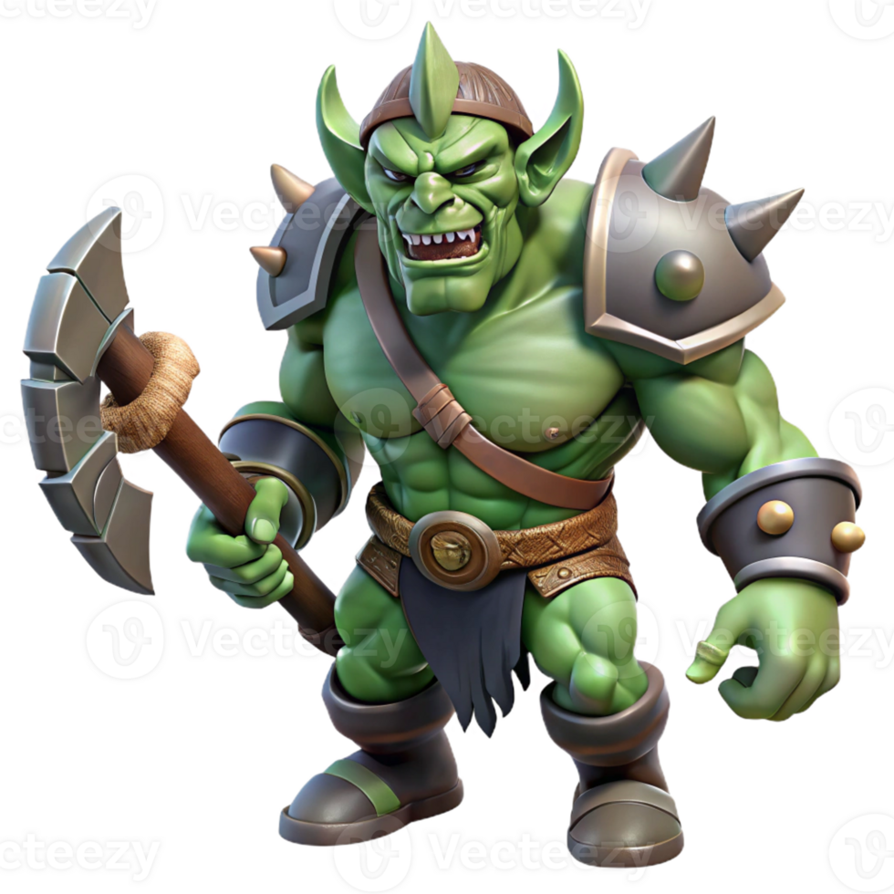 elegant vintage A fierce orc warrior wielding a massive battle-axe, harsh, contrasting light, dark fantasy style authentic png