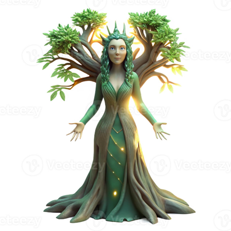 dramatic creative A serene dryad emerging from a ancient tree, dappled sunlight, ethereal art style exclusive png