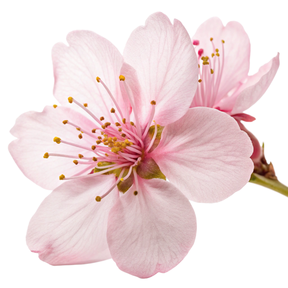 Closeup of Two Delicate Pink Almond Blossoms on a Black Background png
