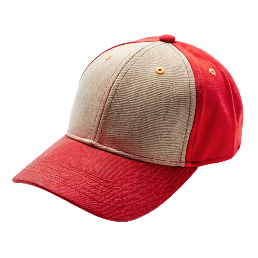Stylish TwoTone Baseball Cap Beige and Red Cotton Fabric Hat png