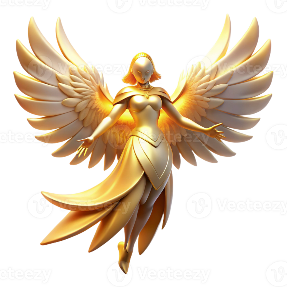vibrant creative A graceful celestial being with feathered wings bathed in golden light, divine art style premium png