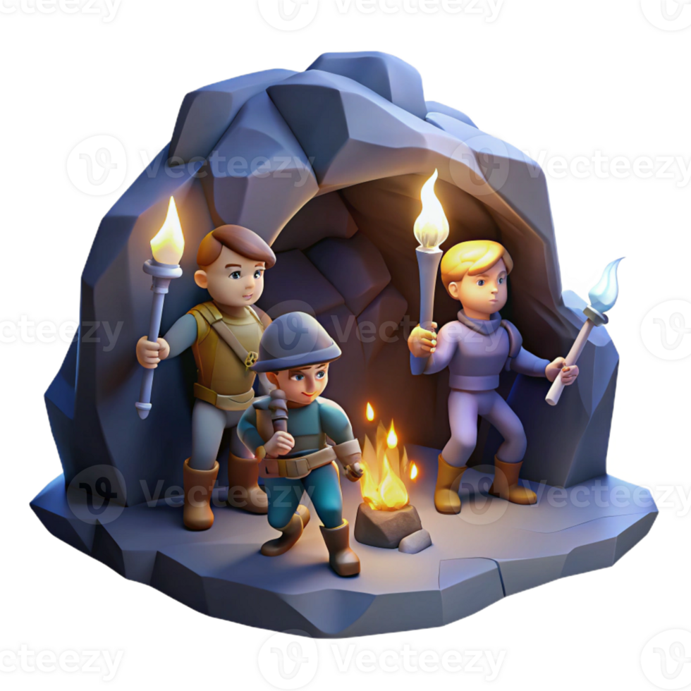 dramatic vintage A group of brave adventurers exploring a dark cave, torchlight, adventure art style high quality png