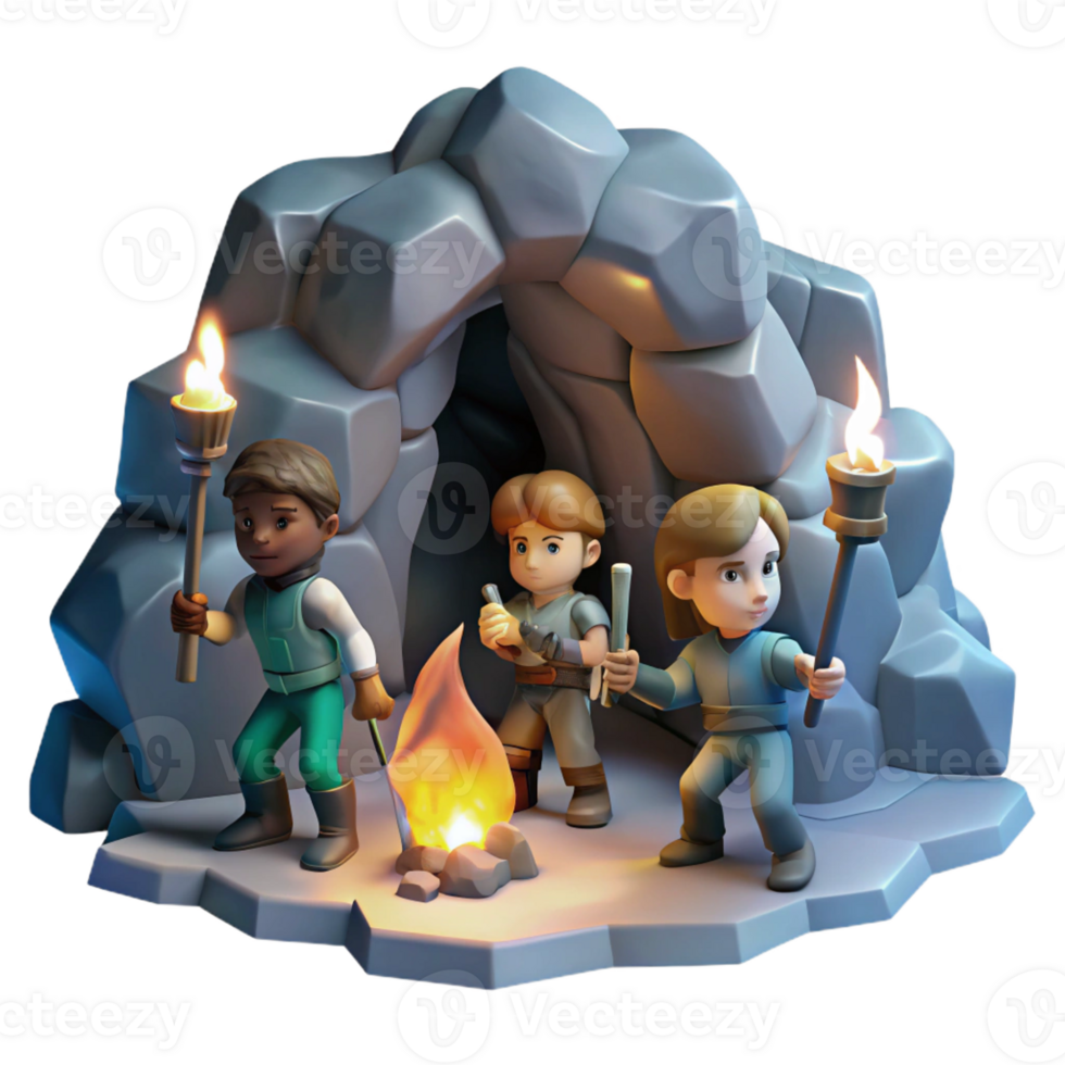 beautiful rustic A group of brave adventurers exploring a dark cave, torchlight, adventure art style professional png