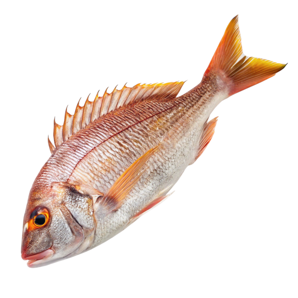 Closeup view of a fresh raw fish with reddishbrown scales and orange fins against a black background png