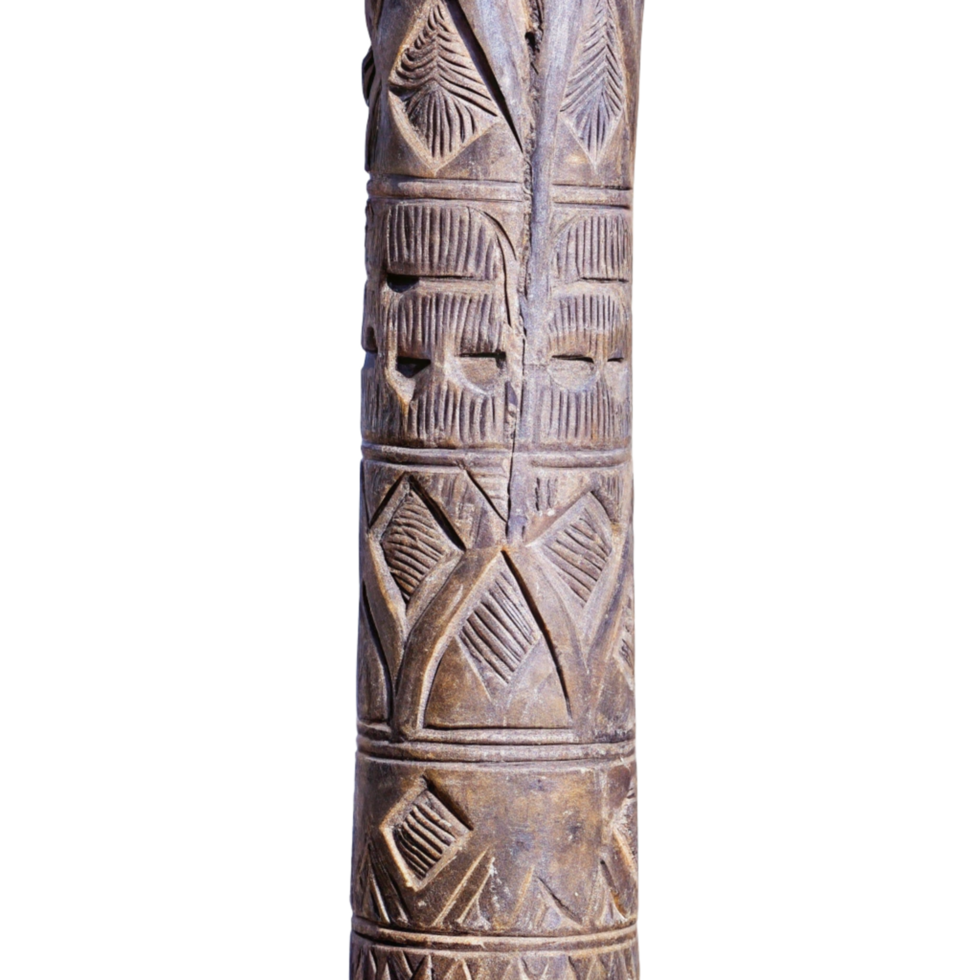 Intricate Carved Wooden Pillar Section with Geometric and Facial Designs png