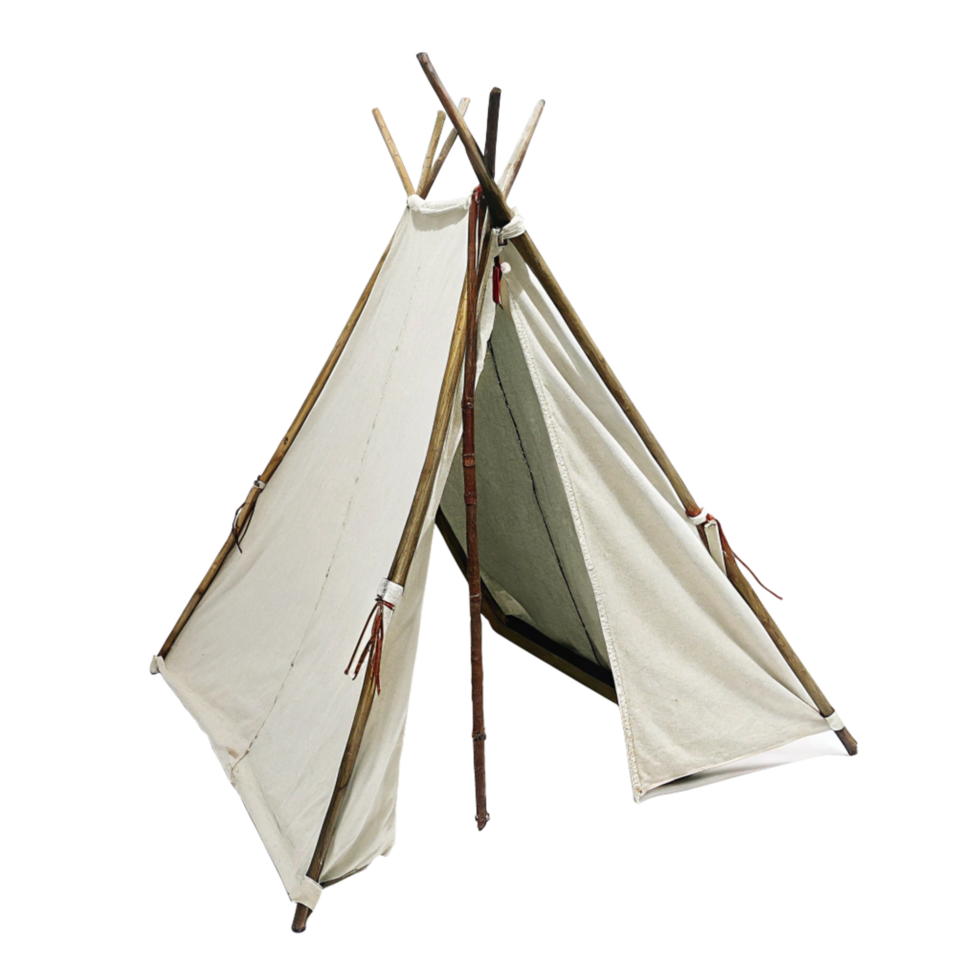 A Classic Teepee Tent Made of OffWhite Canvas and Wooden Poles png