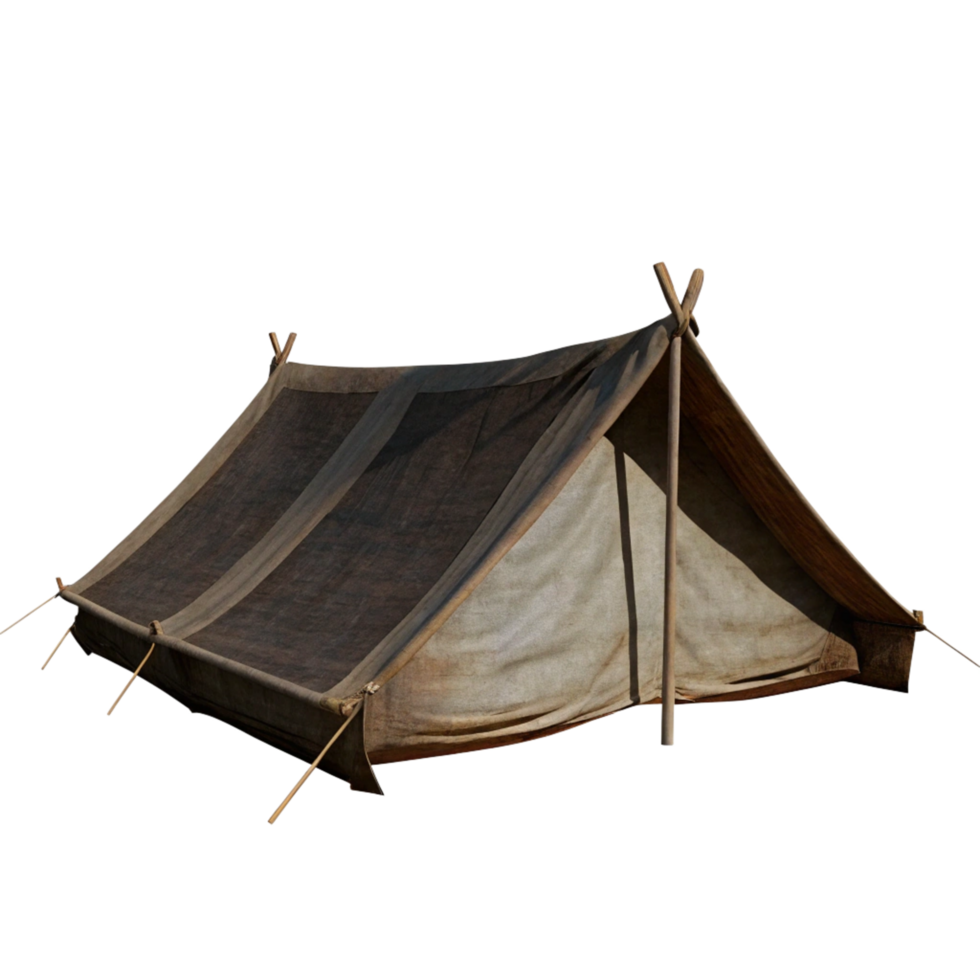 A weathered canvas militarystyle tent isolated on black background png